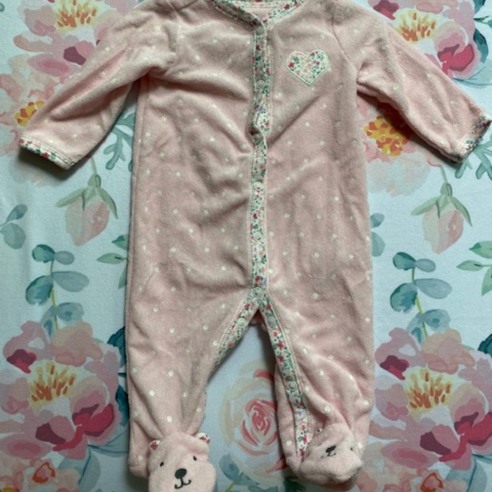 Set of footie pajamas- Carters, 1 pink polka dot, 1 blue, 3M